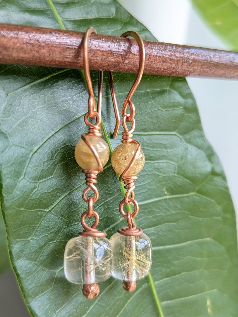 Golden Rutile Quartz Gemstone Earrings Hand Crafted In Copper